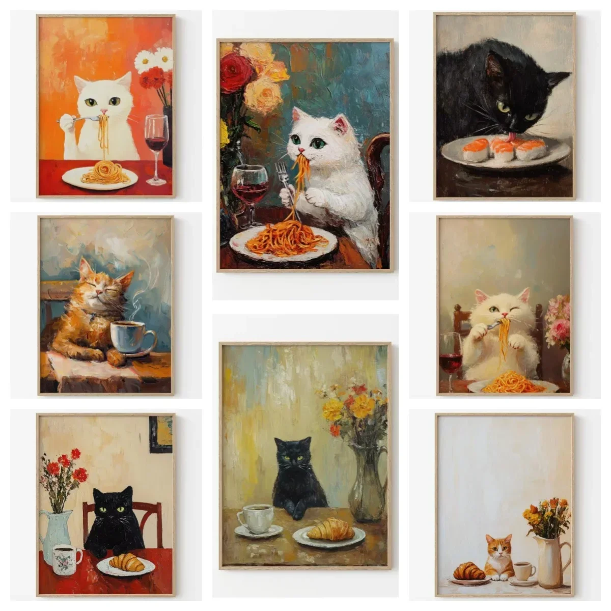 French-Style Whimsical Cat Eating Spaghetti Art Poster Cute Animal Croissant Sushi Coffee Frameless Canvas Print Home Café Decor