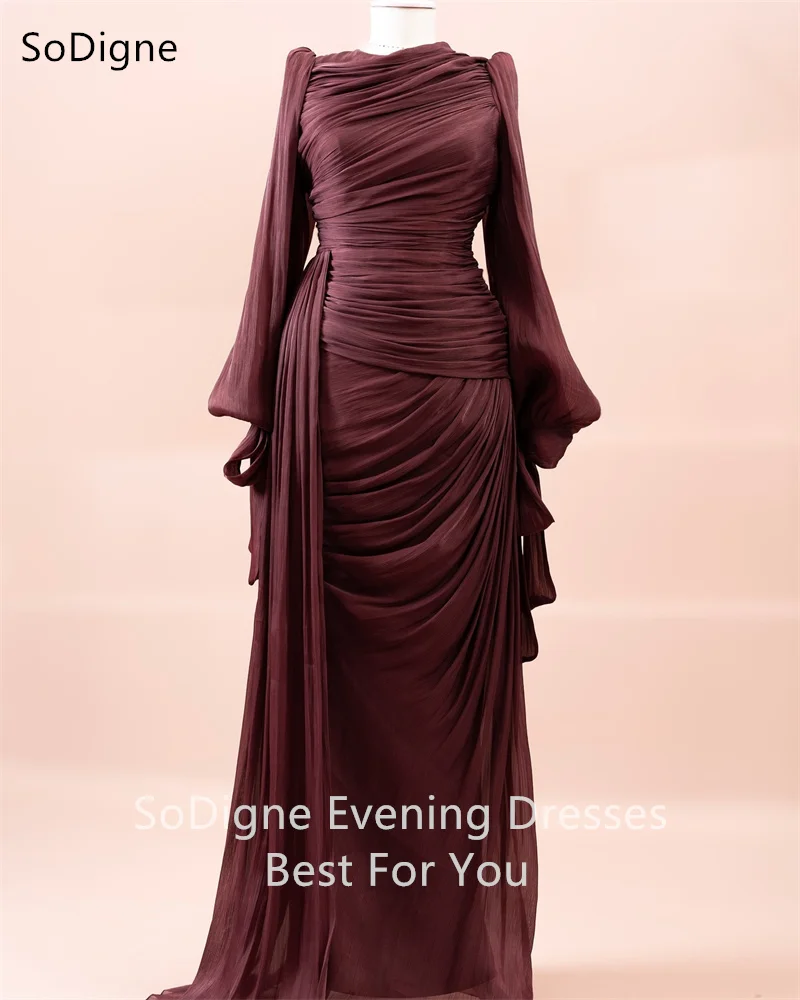 SoDigne アラビアイブニングドレスフルスリーブ O ネックプリーツフォーマルドレス床の長さの結婚式のゲストプロムパーティードレス 2025 カスタマイズ