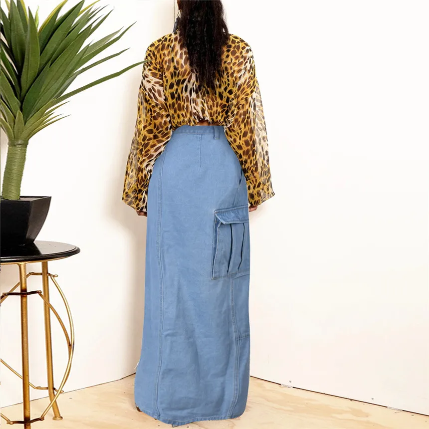 2026 Fall Fashion Asymmetric Cotton Denim Long Skirt Women's Side Slits Tassels And Light Blue Raw Edges With Irregular Pockets