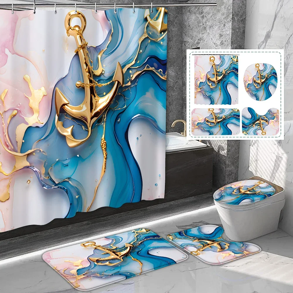 

1 set of Gold Anchor Printed Shower Curtain Set with Hooks Toilet Bathroom Mat Bathroom Supplies Blue and Pink