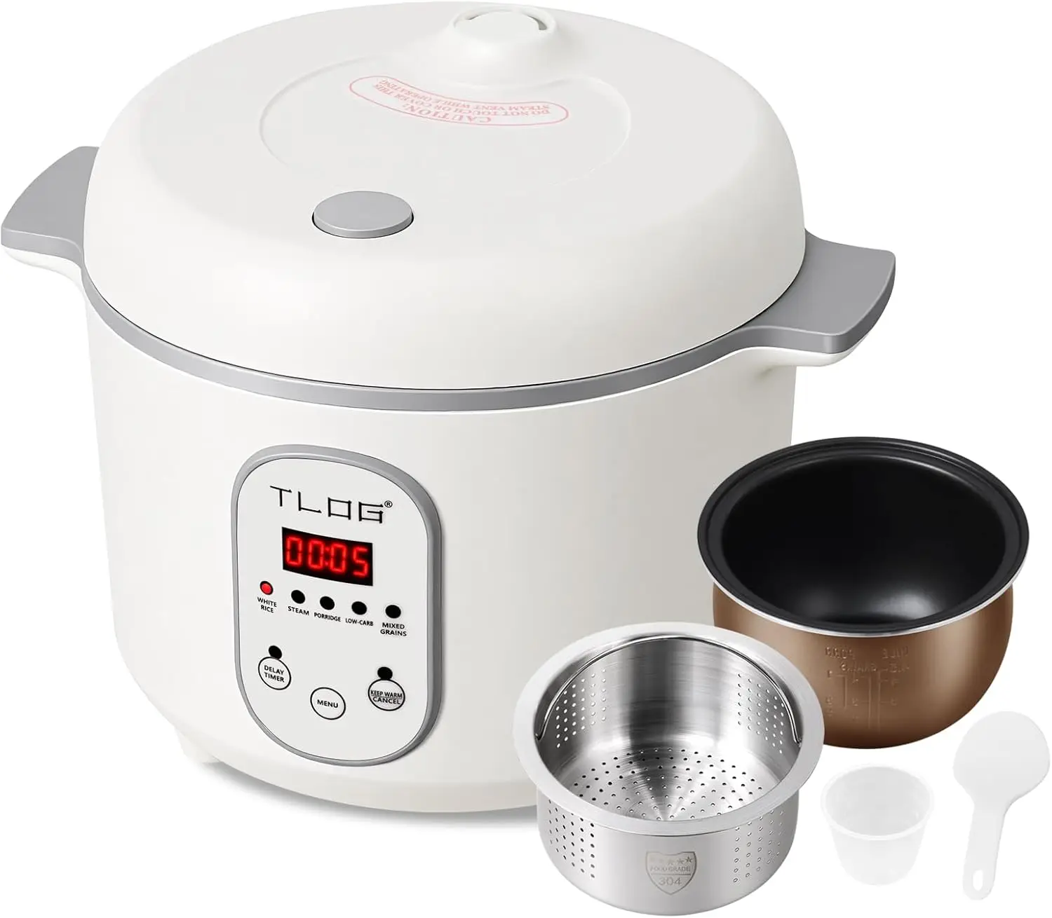 

2L Low Carb Rice Cooker with 304 Stainless Steel Steamer, 5 Presets, 24H Timer & Keep Warm