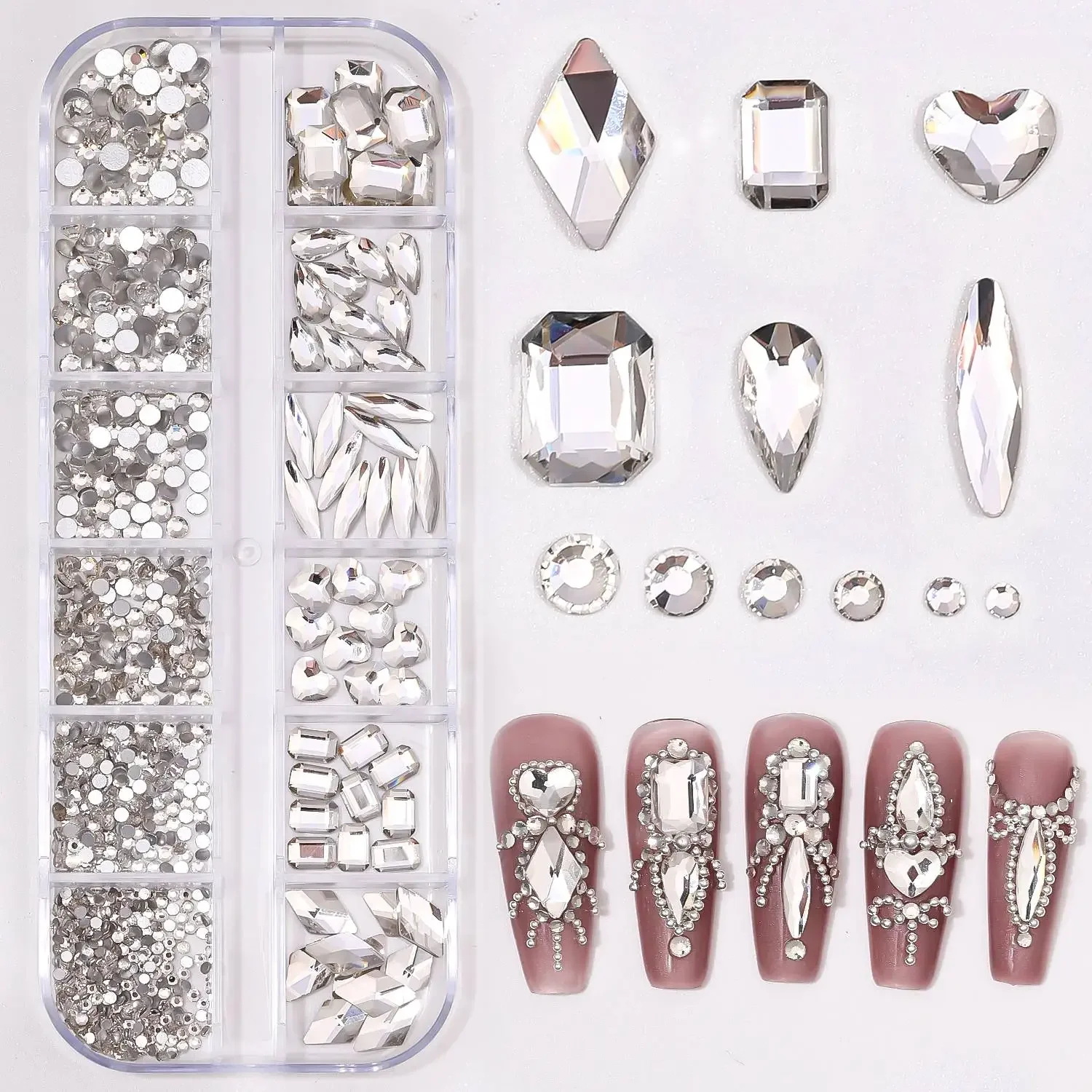 12Gird 3D Glass AB Crystal Nail Art Rhinestones Kit Flatback Round Bead Charm Gem Stones Jewelry Diamond with Tools for Nail Art