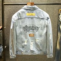 Men's Street Hip-hop Slim Embroidery and Worn Denim Jacket Single Breasted Casual Spring and Autumn Outwear Washed Ripped Coat