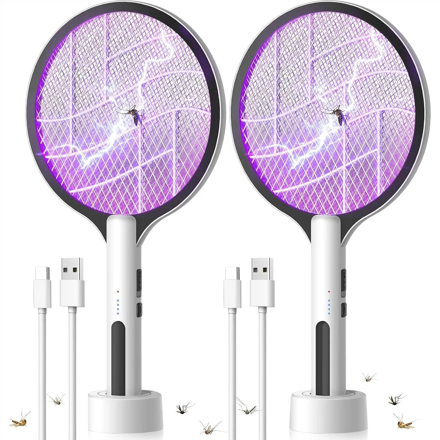 2 Pack Electric Fly Swatter 4500V Bug Zapper Racket 2in1 Handheld Mosquito Killer with Rechargeable Battery and 3-Layer Safety