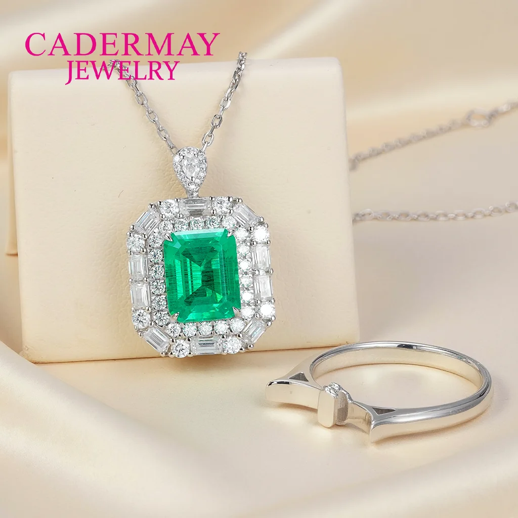 Cadermay 925 Sterling Silver 8x10mm Lab Grown Emerald Ring Pendant 2 in 1 Convertible Jewelry Moissanite Halo Luxury Gift