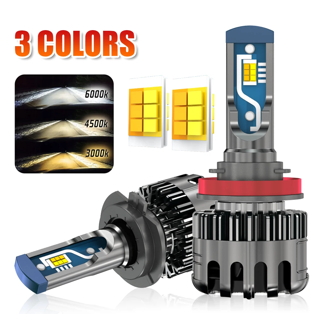 

2pcs Tri-Color LED Headlights 3000K 4300K 6000K H1 H7 H4 H8 H9 H11 9005 HB3 9006 HB4 LED Auto Bulb 12V Fog Light IP68 Waterproof