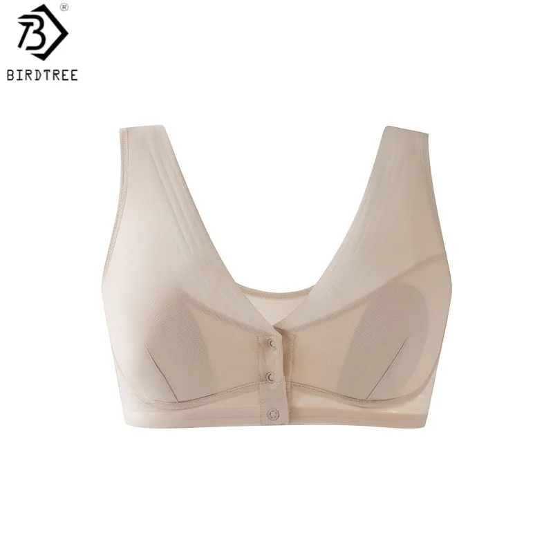Birdtree, Lining Silk Front Buckle Bra, Women's Wireless Full Cup Underwear, Breathable Soft Bralette, 2026 Autumn New S6O529JF