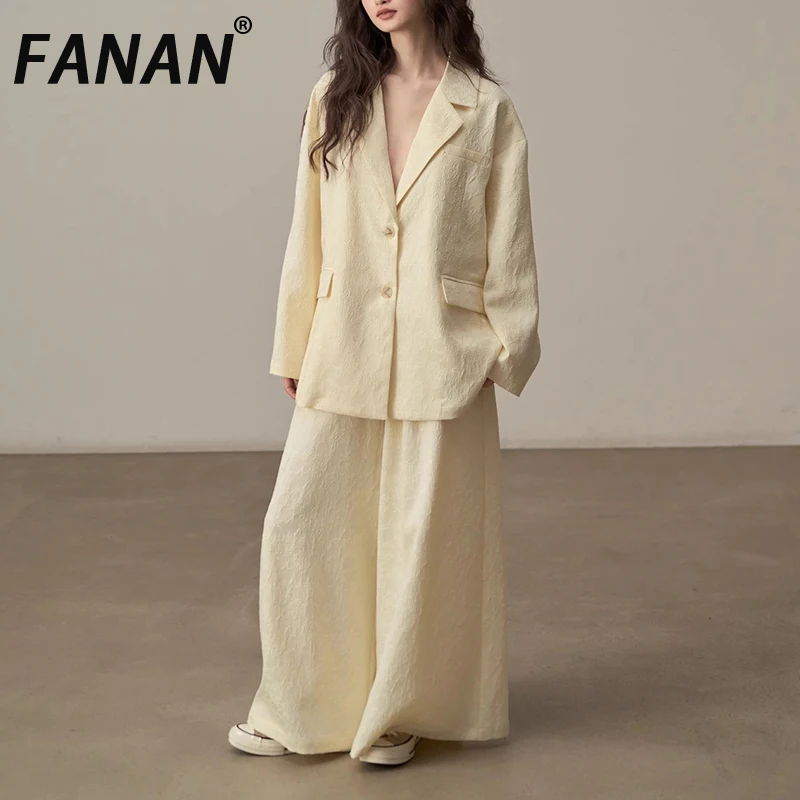 

FANAN Elegant Jacquard 2 Piece Set Women's Lapel Single Breasted Loose Blazers +high Waist Pants Fashion 2025 Summer New