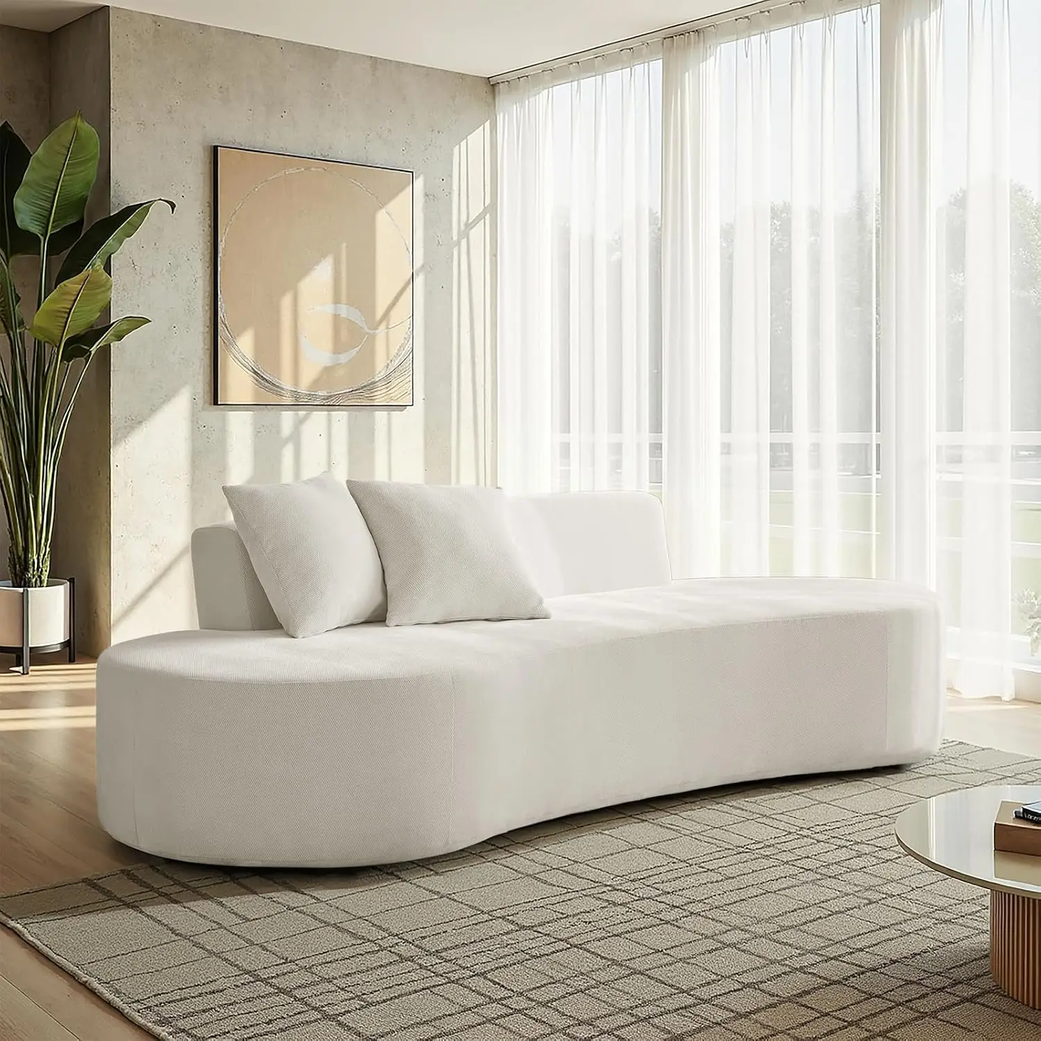 Curved 3 Seater Sofa With Deep Seat & 2 Pillows, Oversized Foam Couch For Living Room, No Assembly, Ivory, Customized
