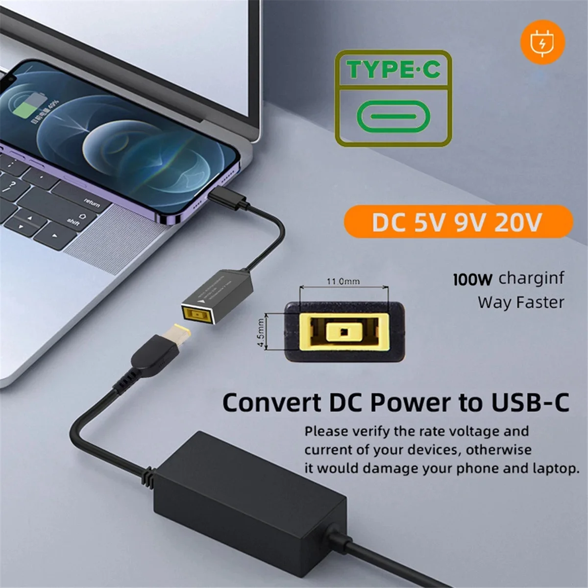 PD100W para Lenovo DC Square Jack a USB tipo C Cable de carga convertidor Compatible con cargador de portátil Lenovo