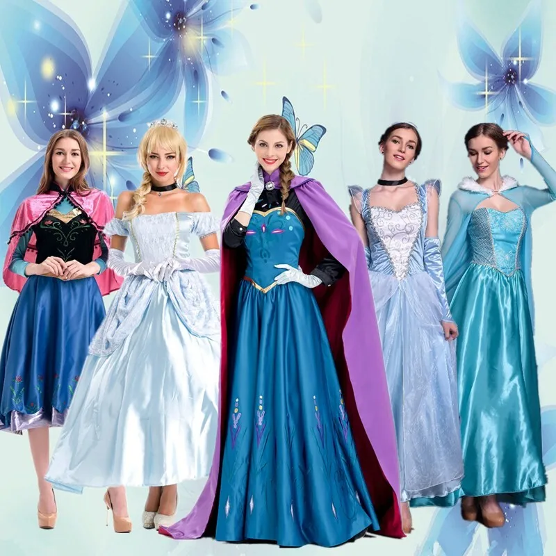 Disfraz de Halloween para Adultos, Vestido de Princesa Cenicienta, Blancanieves, Anna, Reina de Hielo, Vestido de Mascarada, Ropa Tradicional Étnica para Mujer