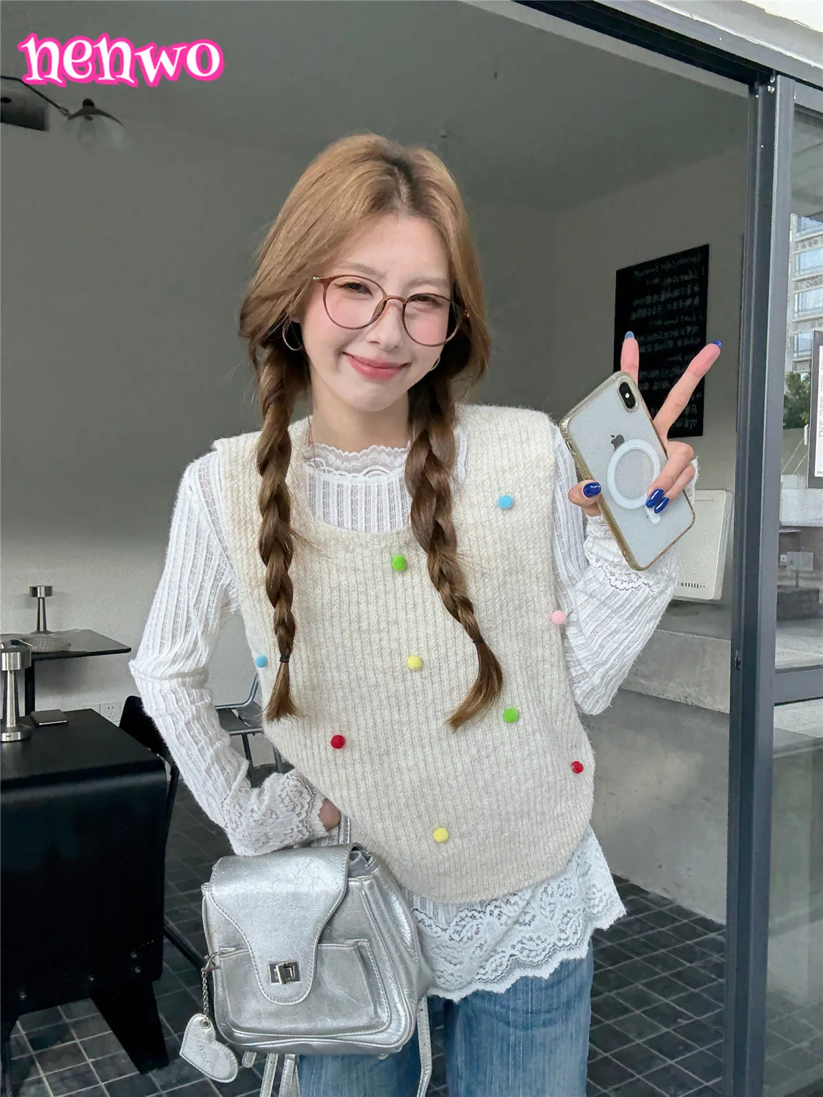 الحلو محبوك الكورية نمط الطبقات محبوك سترة الموضة الملونة الكرة + الدانتيل قاعدة قميص تي شيرت الخريف الشتاء وصول جديد