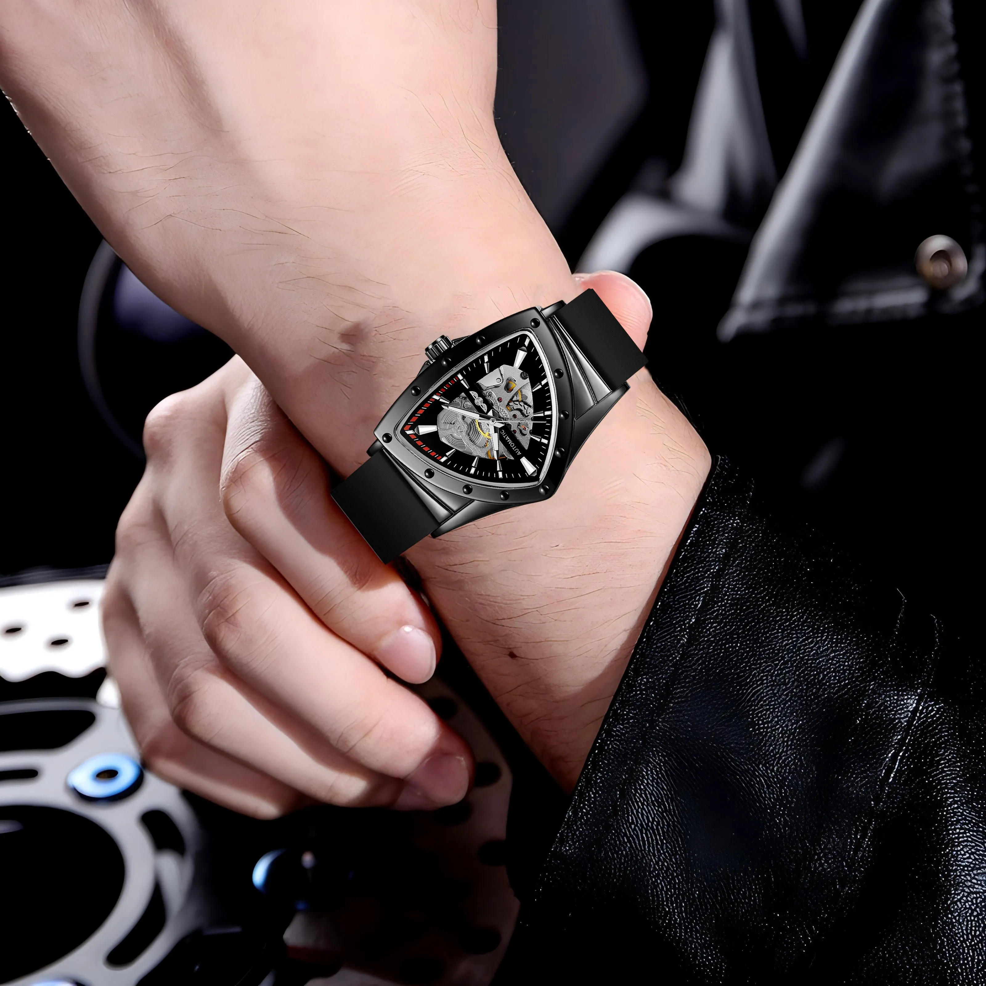 T-WINNER Casual Sport Men's Watches Skeleton Automatical Mechanical Triangle Silicone Strap Hollow Wristwatch Racing Gifts Clock