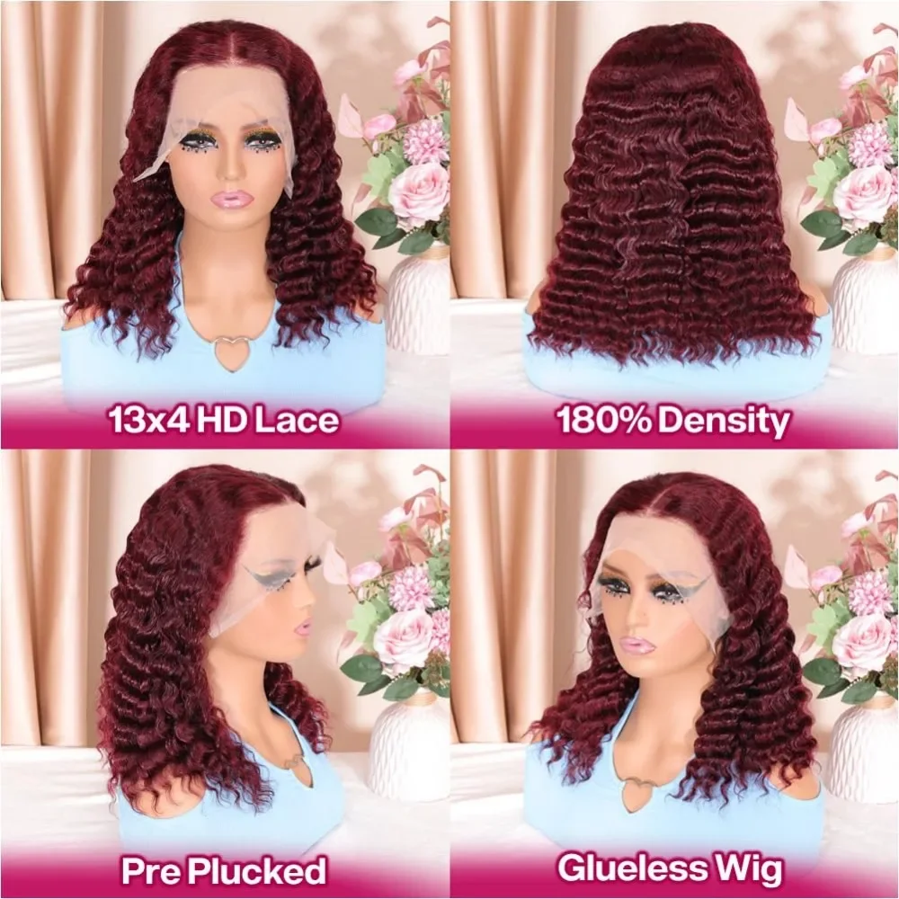 Perruque Bob Lace Front Wig sans colle bouclée rouge bordeaux 99J pour femmes noires, perruques de cheveux humains Deep Wave, 13x4 HD, perruque pré-plumée