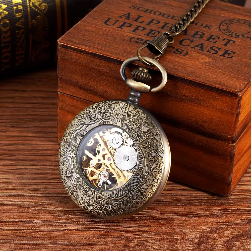 Large bronze spider web pattern mechanical pocket watch hollow retro flip mechanical watch nostalgic pocket watch
