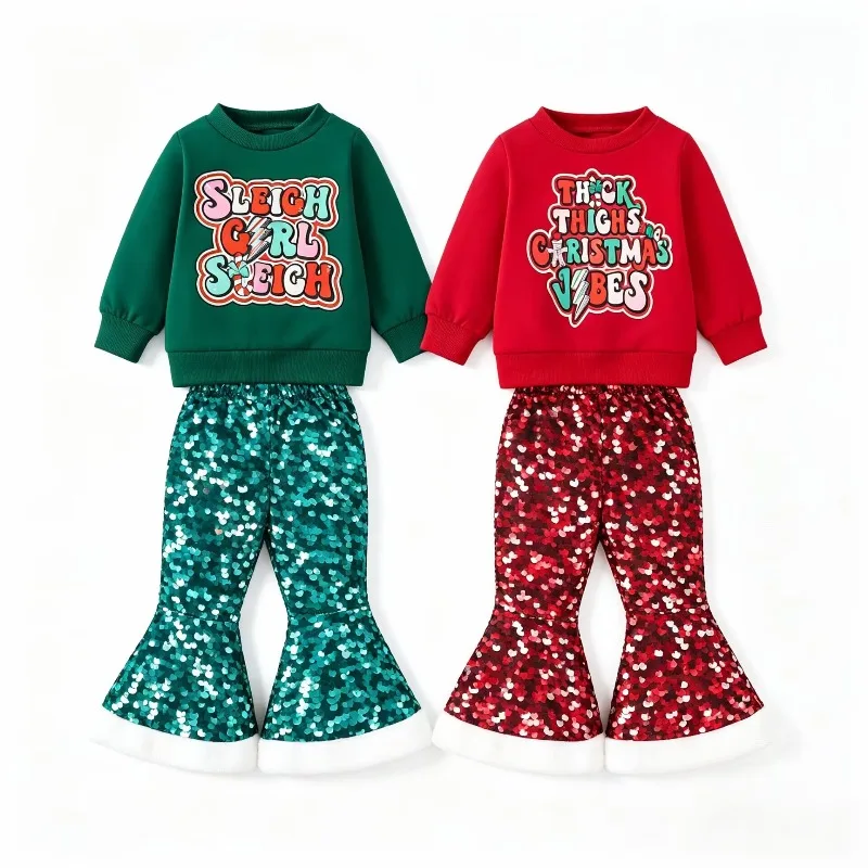 Baby Girls Xmas Sequin Outfit Green Red Long Sleeve Sweatshirt with Sleigh Girl Letter Print Sparkly Flare Pants Set Holiday
