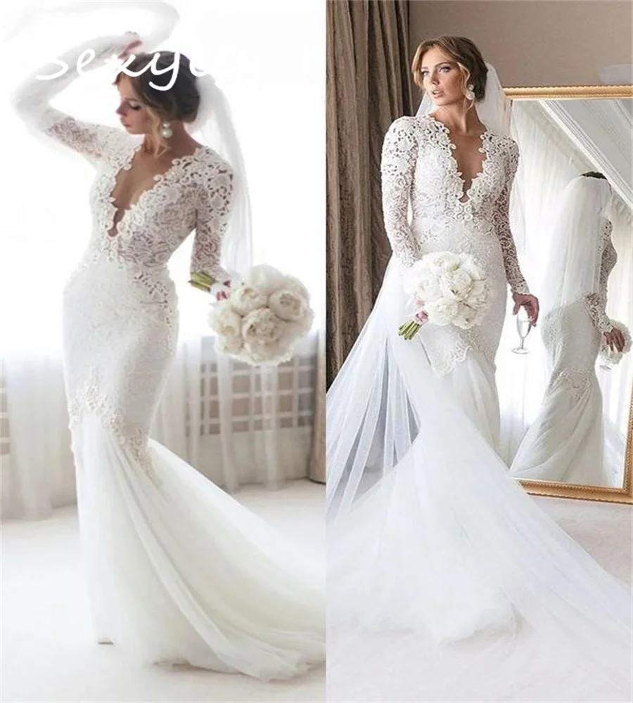 Robe de Mariée Sirène Romantique en Dentelle, Manches sulf, Col Transparent, Mince, Rustique, Campagnard, Dos auxBas, Éducatif, Chic, 2023