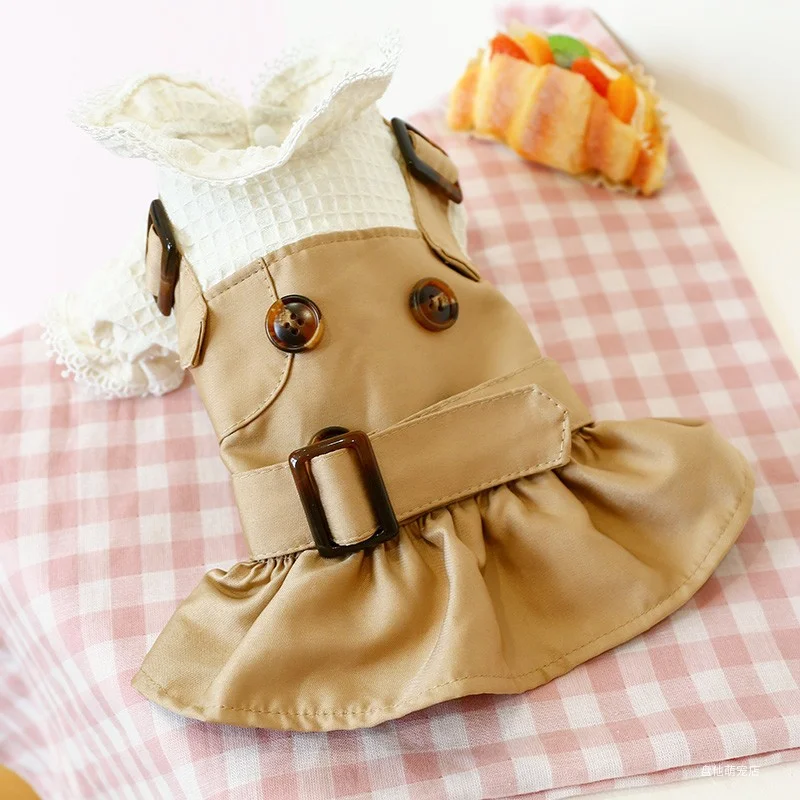 1PC Pet Clothing Dog Cat Spring and Autumn Khaki Button Skirt Suitable for Small and Medium sized Dogs