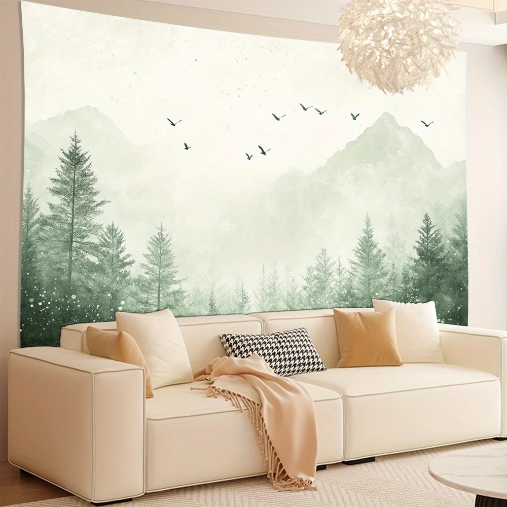 Minimalist Pine Forest Wall Hanging, Misty Mountain with Flying Birds Watercolor Art Fabric for Bedroom Living Room Decor