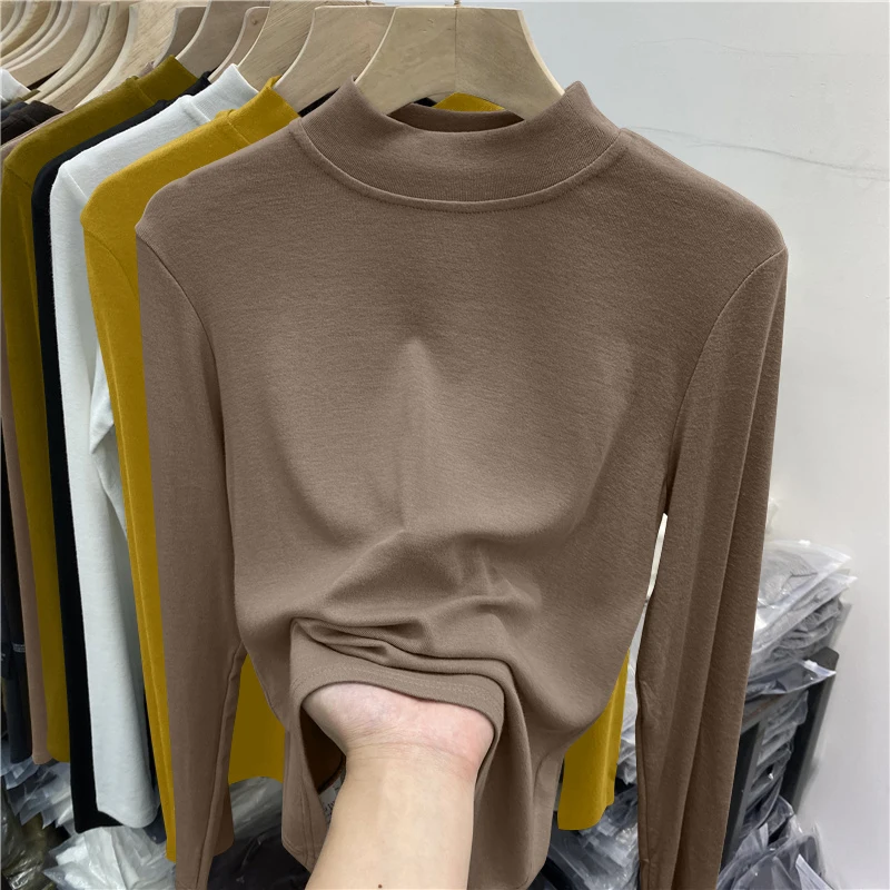 슬림 핏 롱 슬리브 미드넥 티셔츠 여성용 봄 가을 신상 얇은 엘레 리브드 디자인 심플한 단색 탑