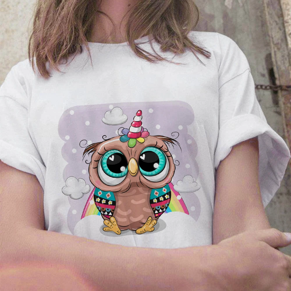 Owl Cartoon T-shirt Summer Harajuku Wind Catone Owl Round Neck Fashion T-shirt Women's Top Aesthetic Clothes  Graphic T Shirts