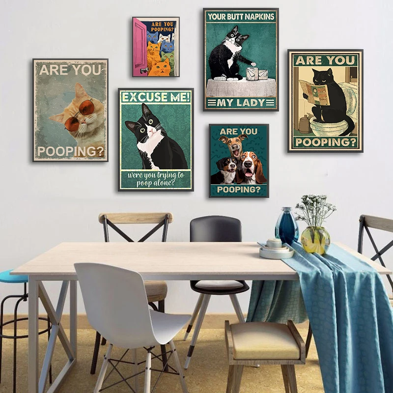1PC--Whimsical Bathroom Animal Poster Funny Playful Cat and Dog Canvas Painting Are You Pooping Humorous Text Bathroom Toilet