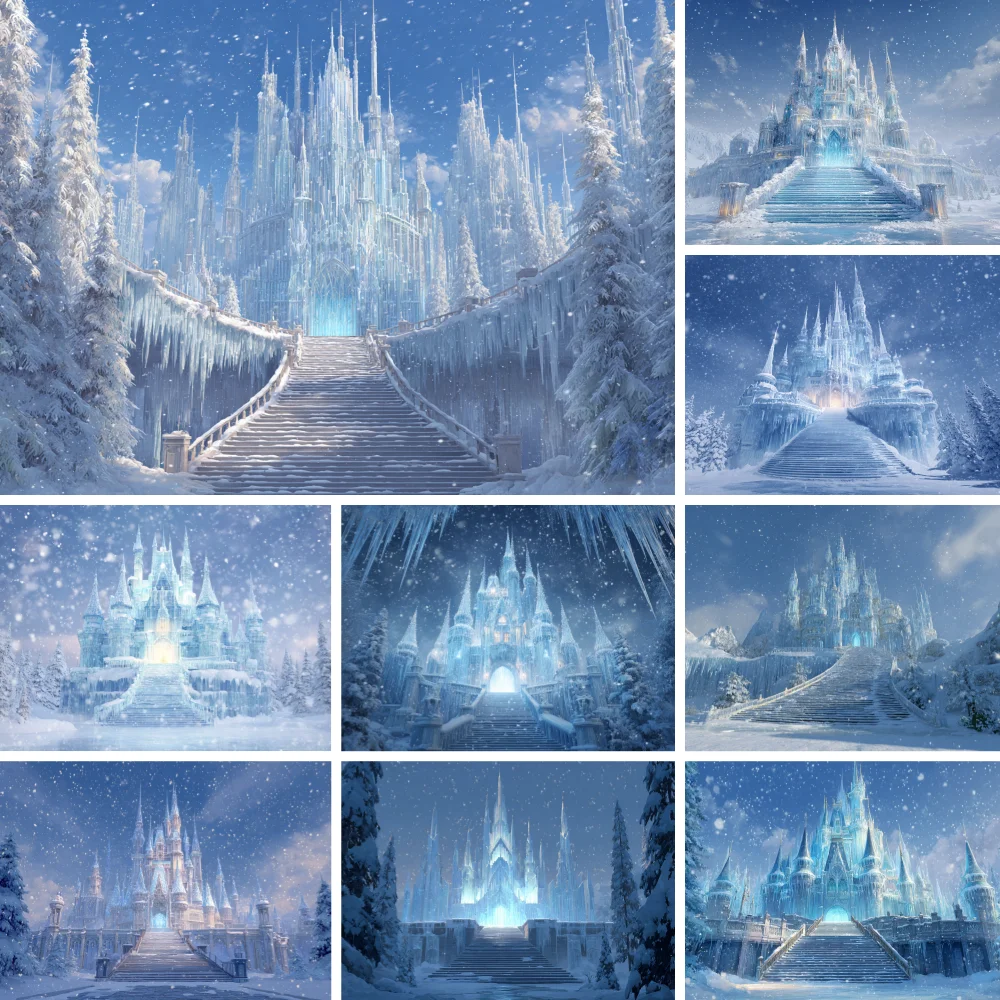 Snowy Ice Castle Backdrop Winter Frozen Palace Forest Cloth For Children Portrait Birthday Studio Photo Background Decor