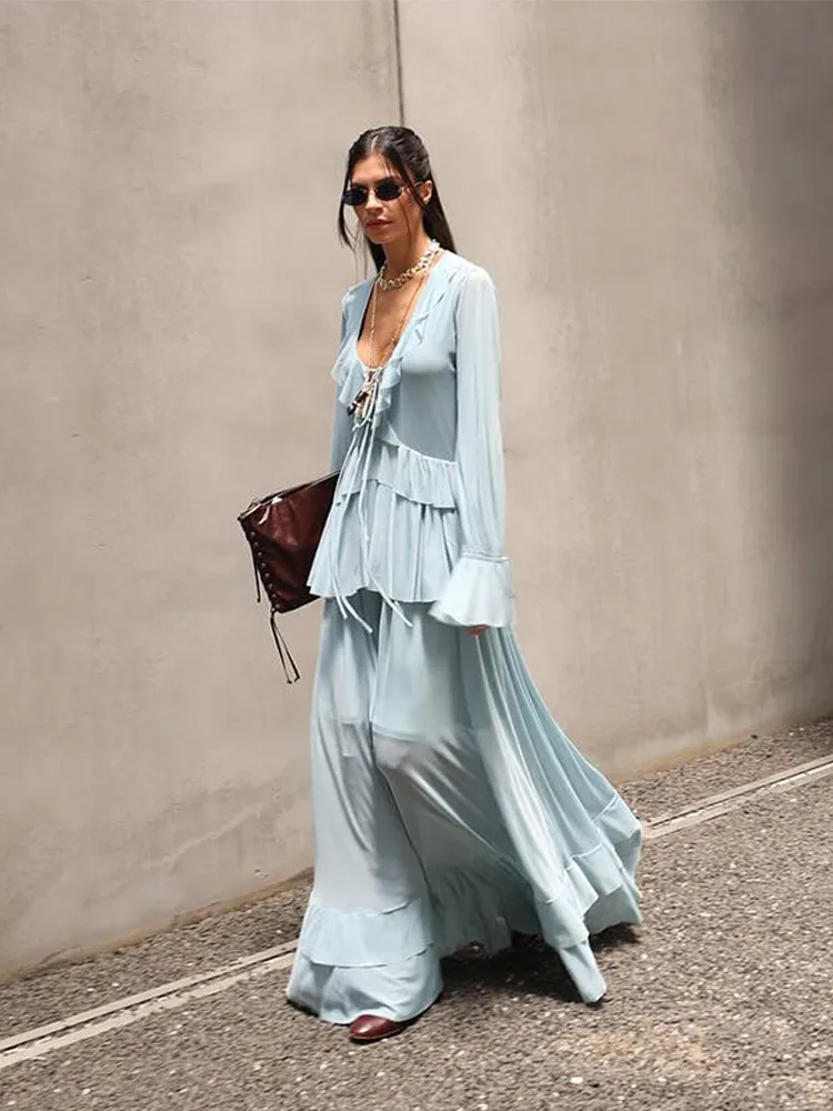 

Fashion Women Ruffle Shirts Skirts Set Elegant Long Sleeve V-Neck Shirt Pleated Empire Skirt 2025 Summer Vacation Lady Suit