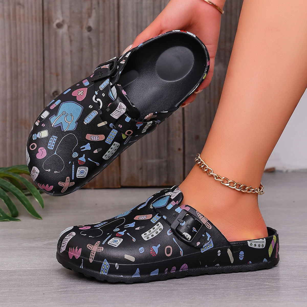 Women's Black Double-Buckle Mules, Waterproof Platform Wedge Sandals, Perfect for Daily Commute, Comfortable Home Slippers