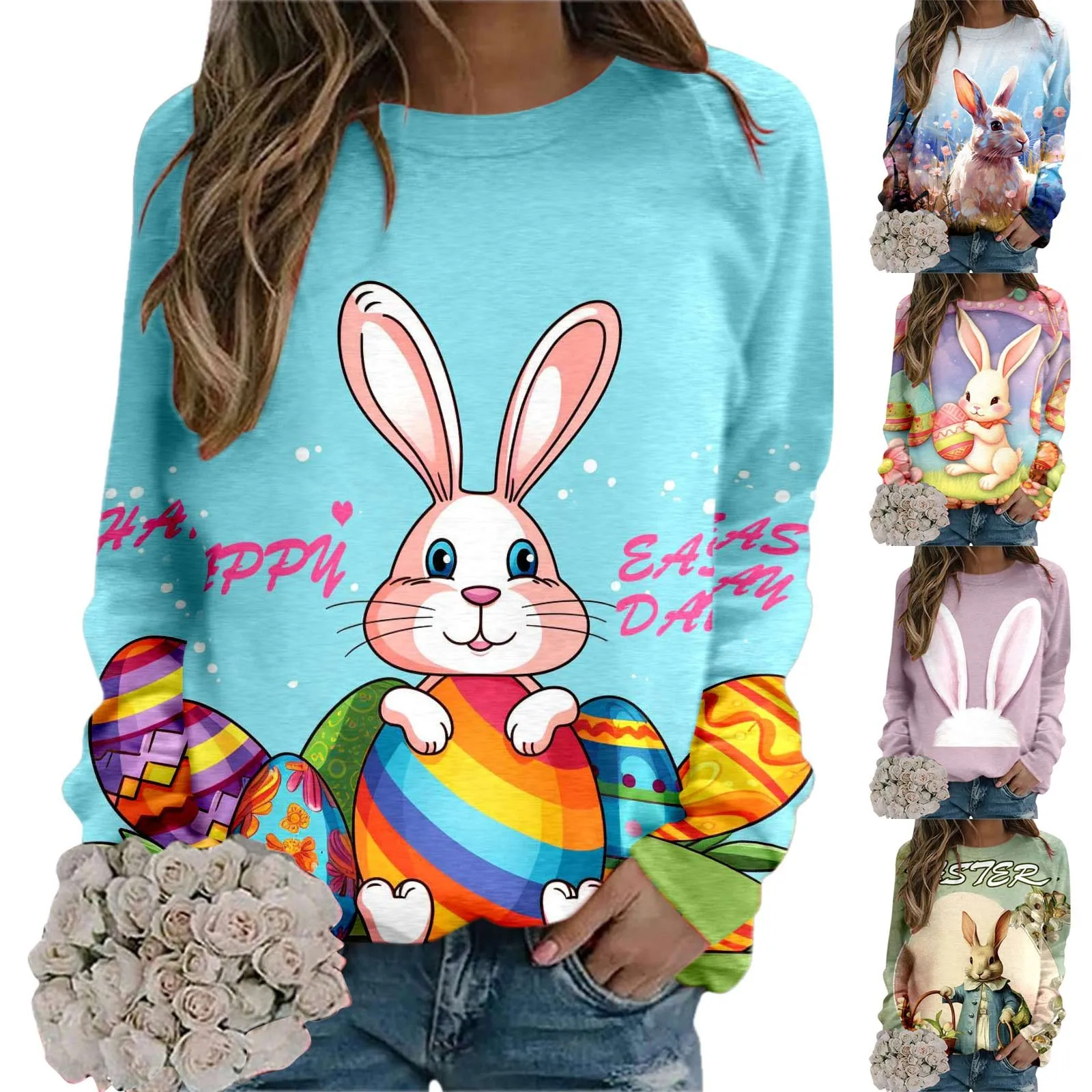 Womens Easter Bunny Print Crew Neck Sweatshirt Outfit Fit Pullover Tops Adult Casual Long Sleeve Workout Shirts Loose Costume