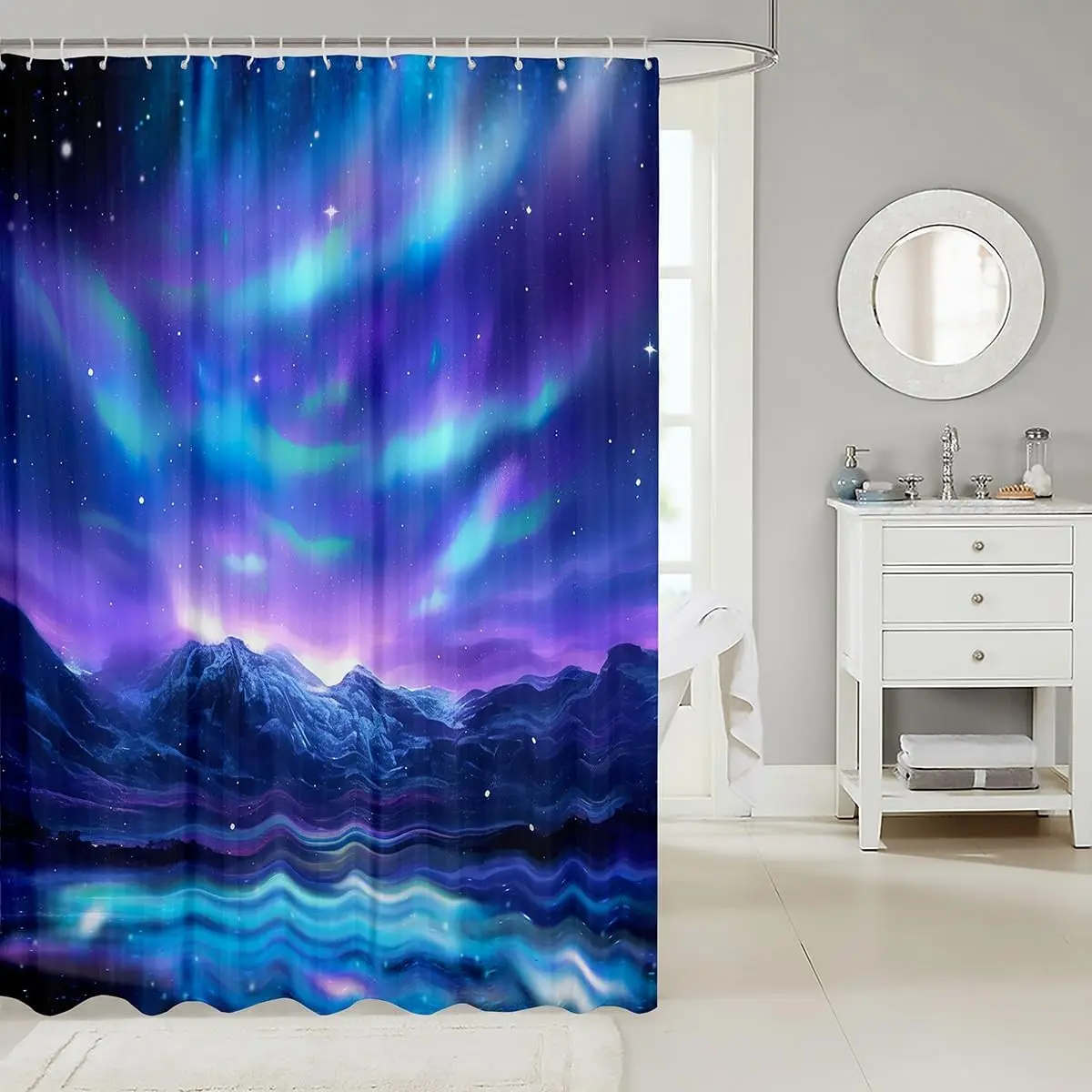 Waterproof Aurora Borealis Northern Lights Shower Curtain Cosmic Galaxy Night Sky Bathroom Decor Curtain for Modern Home