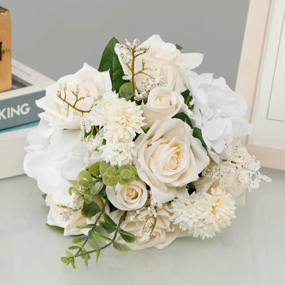 Artificial Wedding Flower Hand-held Artificial Rose Bouquet White and Champagne Bride Bridesmaid Wedding Ceremony Party Decor image 5