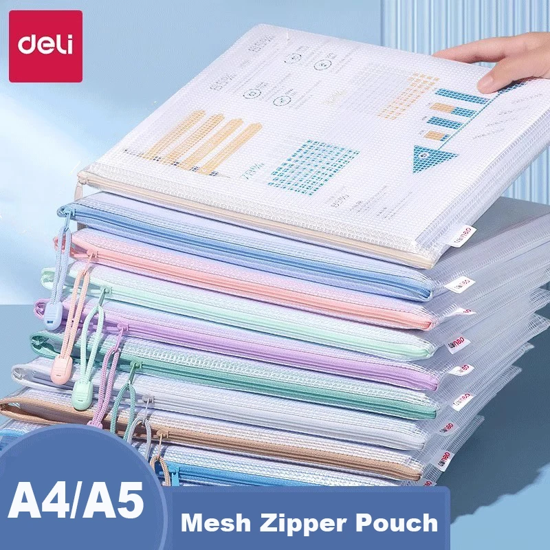 

Deli 5/10pcs Mesh Zipper Pouch Waterproof Plastic A4 A5 Stationery Storage Bag for Travel Storage Office Document Organize Bag