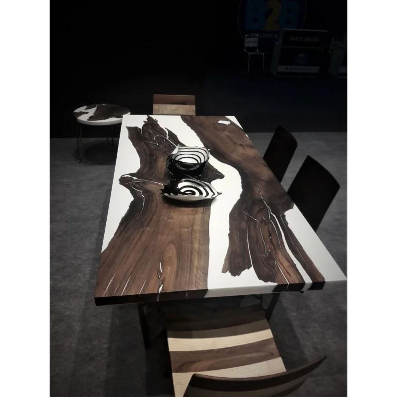 custom.Hot Sales Luxury Customized Modern Design Handmade White Design Dining Table Set Live Epoxy Resin River
