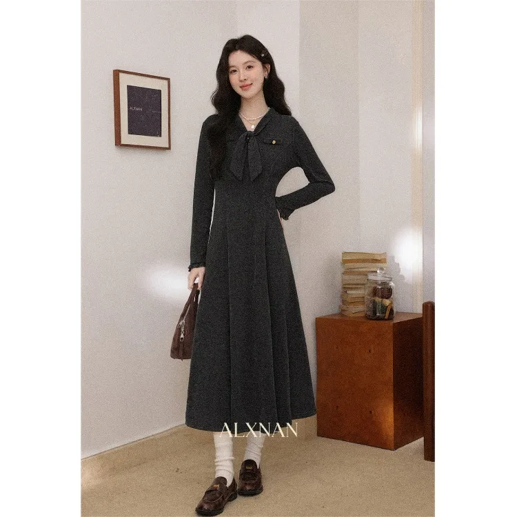 

ALXNAN Elegant Gray French Style Dress for Women Long Sleeve Slim Fit Party Evening Casual Trend 2026 Spring Dresses DYL662290