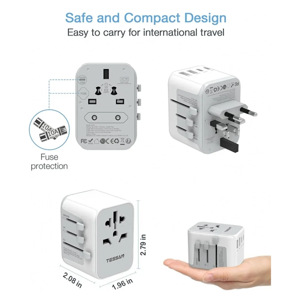 TESSAN uniwersalny Adapter podróżny międzynarodowy ładowarka podróżna typu All-in-one z ładowarką ścienną USB i typu C dla nas EU UK AUS Travel
