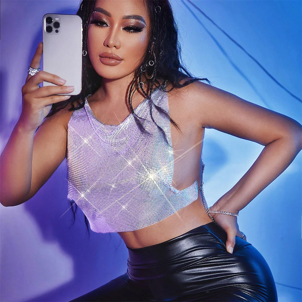 

Fashion Sling Metal Sequin Suspender Silver Women Top Evening Club Hollow Out Sexy Vest Female Summer Short Tops