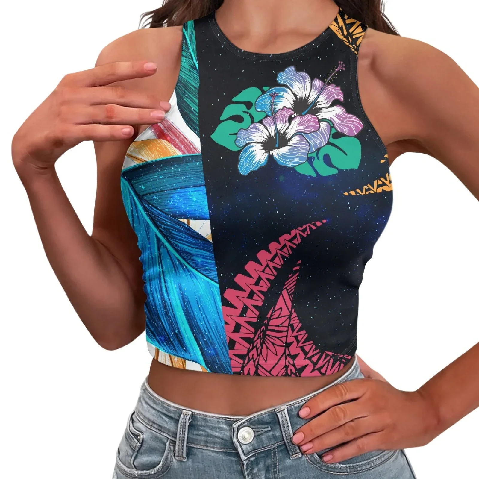 Polynesian Tribal Pohnpei Totem Tattoo Prints Gym Comfortable Soft Polyester Sports Tank Top Sexy Black White Skinny Crop Top