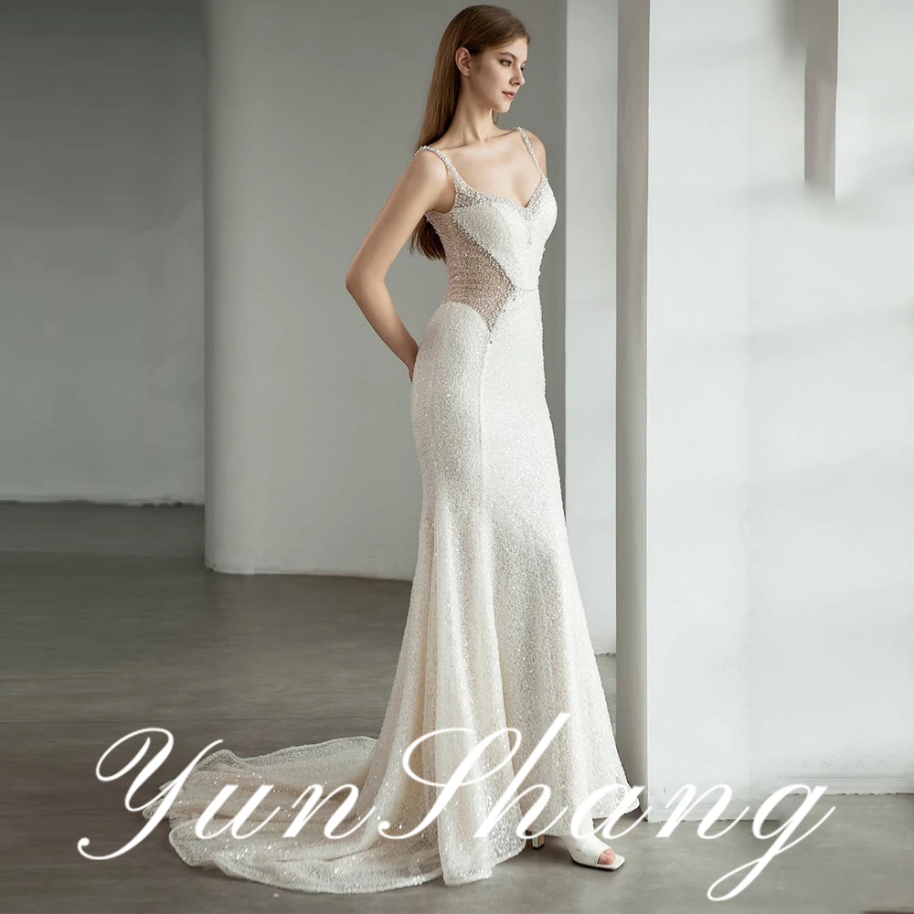 

Yun Shang Customized Mermaid Wedding Dress Spaghetti Straps Deep V Neck Sheer Mesh Sequins Embellished Train Bridal Attire