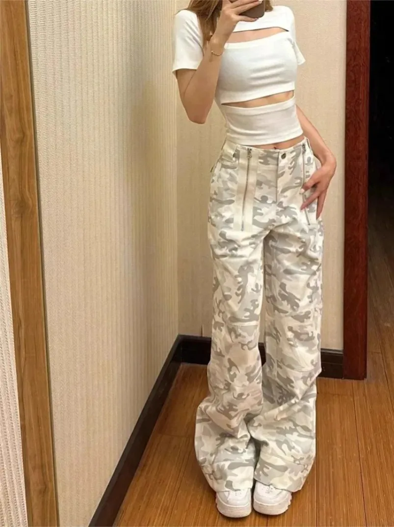 

American Retro Camouflage Cargo Pants New Y2k E-Girl High Waist Straight Jeans for Women 2024 Sumemr Loose Wide Leg