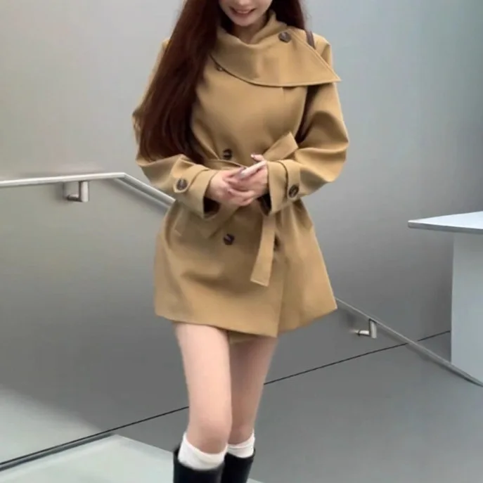 Temperament Casual Waist Trench Coat Women's Clothing 2025 Autumn and Winter Versatile Double-breasted Commuter Top Women