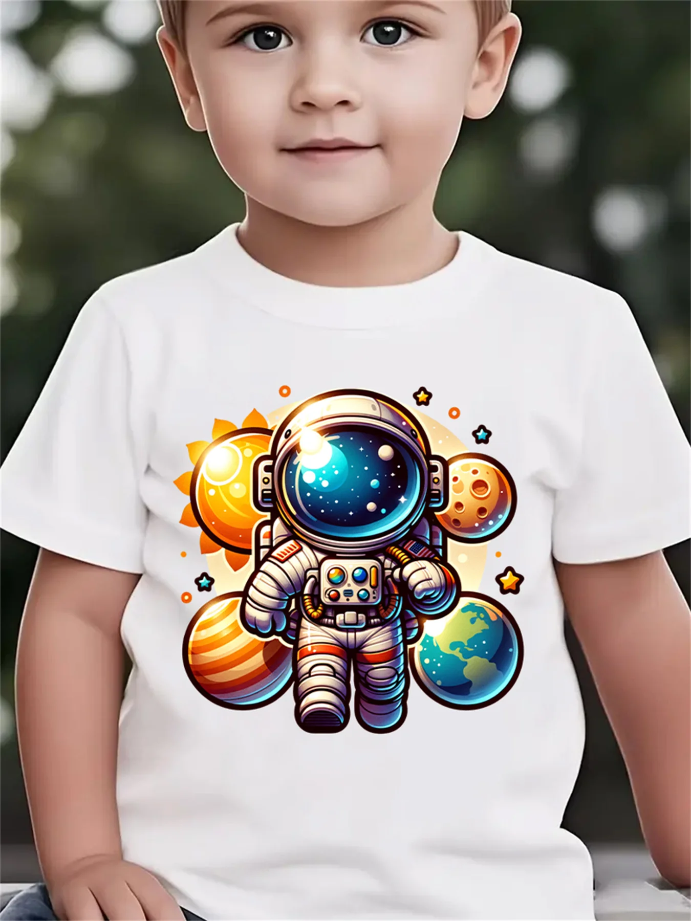 Cute Astronaut Planet Star Cartoon Boys Girls Family Matching Tee Soft Kids Parent Short Sleeve Daily Casual Comfort T Shirt