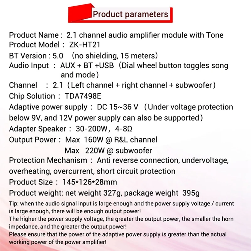 2.1-Channel TDA7498E Bluetooth Digital Amplifier Module High And Low Tone Subwoofer,160Wx2+220W Amplifier Board ZK-HT21