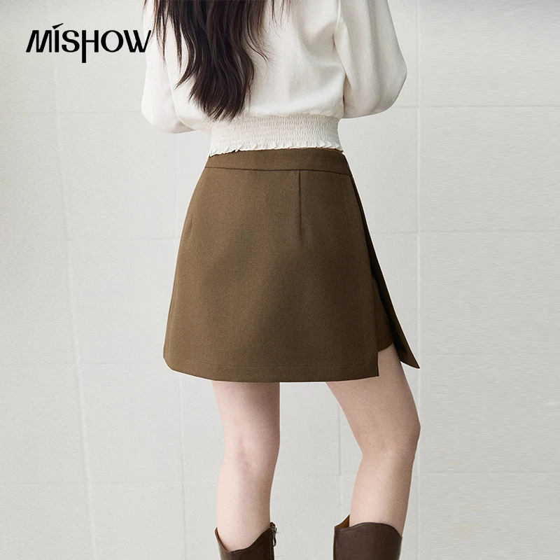 MISHOW Short Skirt 2026 Autumn High Waist A‑Line Mini Skirt Side Split with Built‑in Shorts Casual Office Lady Skirt MXF44B2590