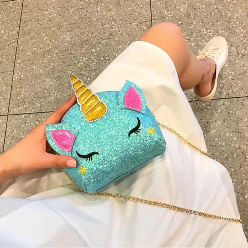 Fashion Unicorn Bag for Girls Travel Women Cartoon Printing Shoulder Bags Sequins Leather Wallet Clutch Crossbody Bolsa Mini