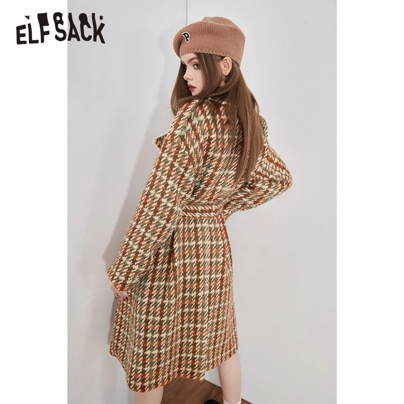 ELFSACK Tweed Elegant Wool Coats Women Winter Mid-length Coats