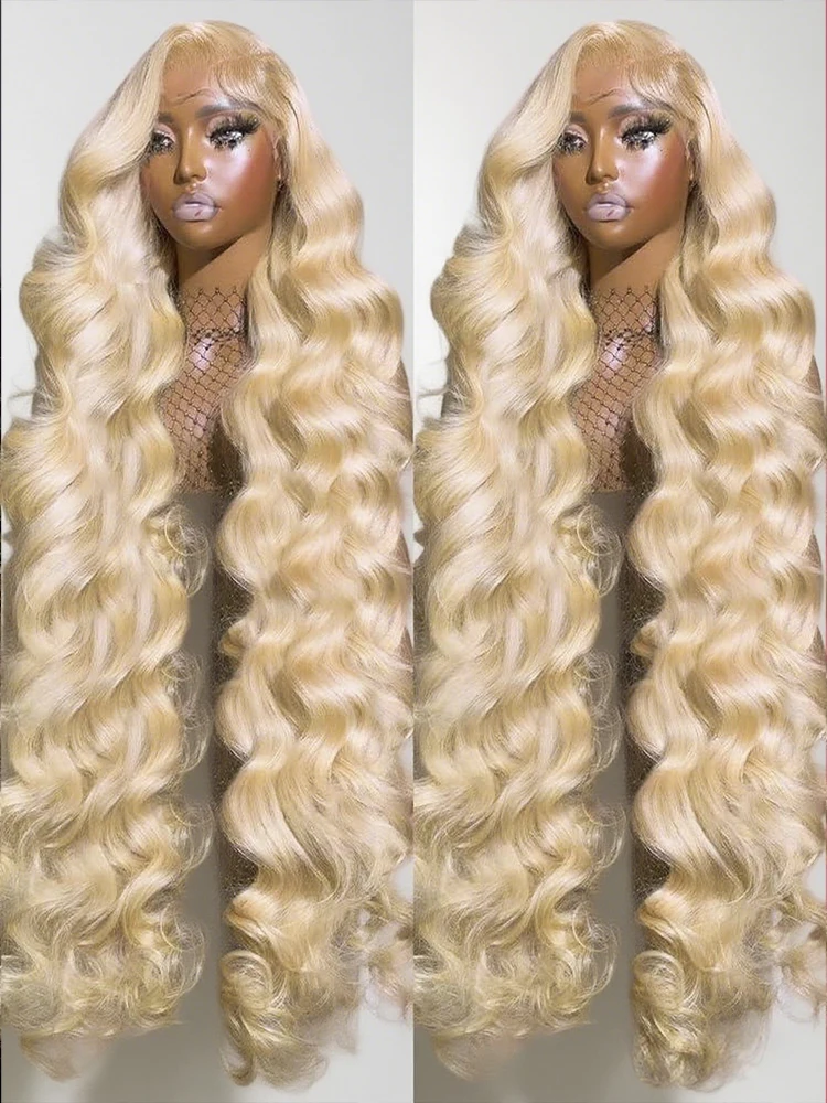 

Медовый блондин 613 Объемная волна 13x6 Прозрачный парик фронта шнурка HD 40 дюймов Бразильские человеческие волосы 300% Плотность Предварительно выщипанные для женщин