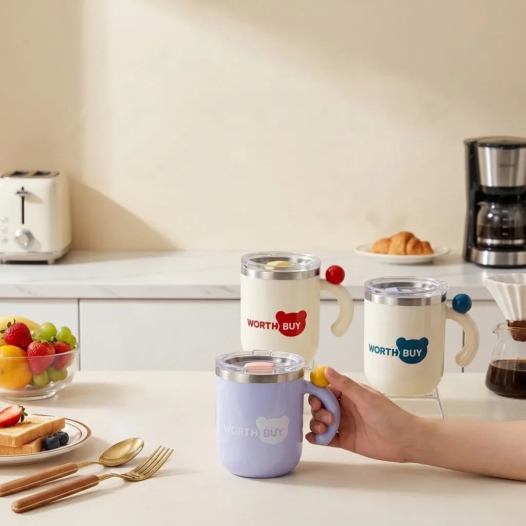 430ml Cute Coffee Travel Mug 316 Stainless Steel Thermal Tumbler with Handle Insulated Dual Drink Cup Leakproof Water Bottle