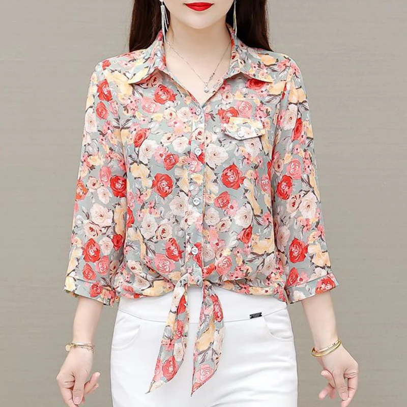 Vintage Floral Print Sweet Lace Up Elegant Button Up Shirt 2023 Spring Summer Korean Fashion Casual Slim Top Blouse Women Blusas