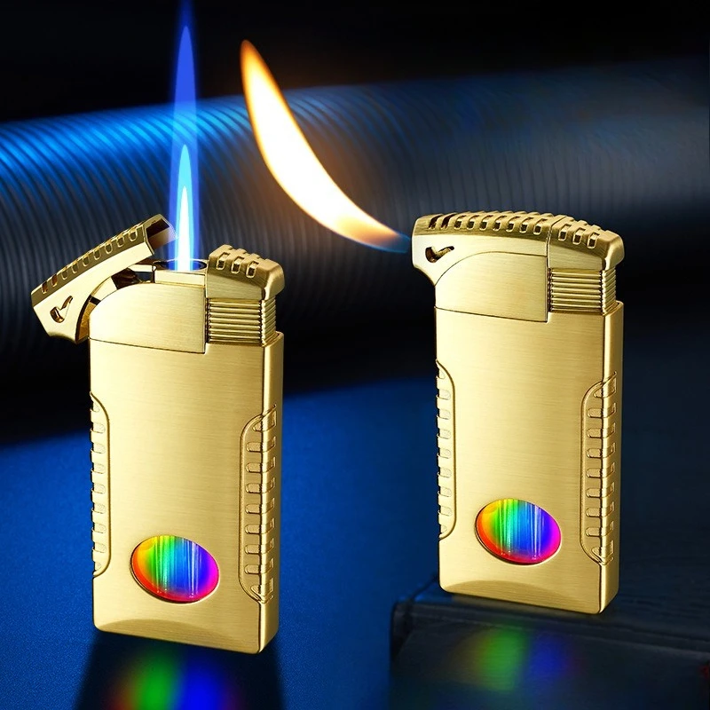 Double Flame Blue Flame Straight Forward Windproof Metal Body,cool Color Lights, Air Window,cyclic Inflatable Men's Gift Lighter
